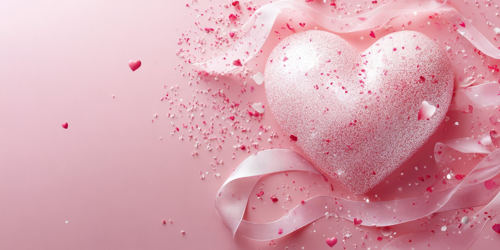 Decorative heart surrounded by glitter and ribbons for romantic celebrations or Valentine's Day occasions